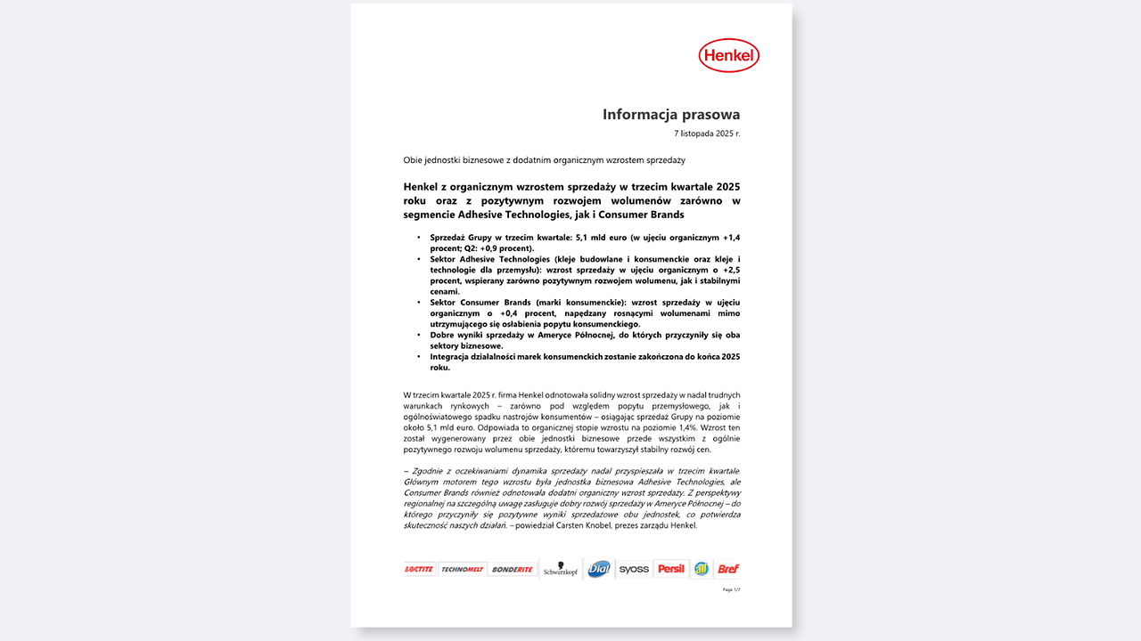 Henkel z organicznym wzrostem sprzedaży w trzecim kwartale 2025 roku oraz z pozytywnym rozwojem wolumenów zarówno w segmencie Adhesive Technologies, jak i Consumer Brands