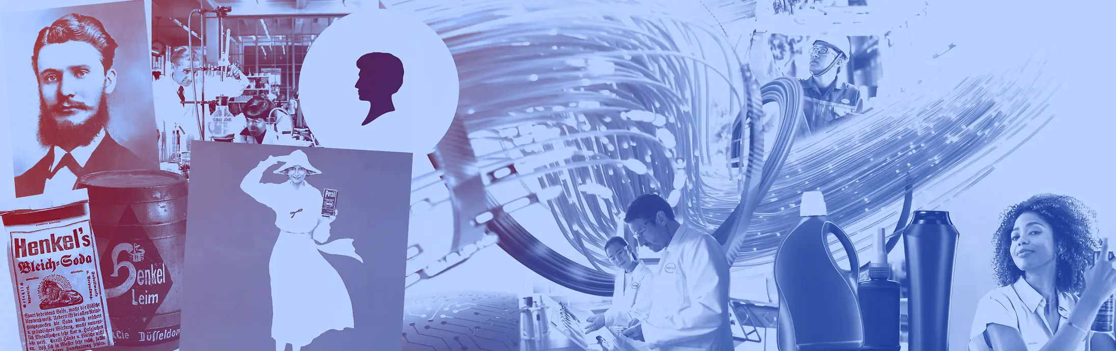 一組色調為藍色的復古風格漢高產品拼貼畫，包括洗滌劑瓶、實驗室工作人員以及經典廣告。