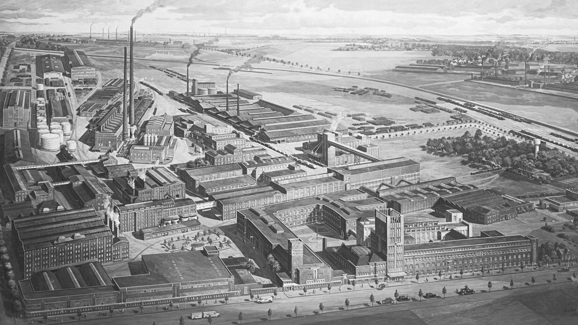 漢高杜塞爾多夫-霍爾索森工廠的手繪外觀圖。 