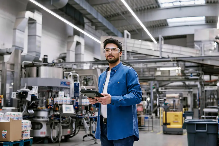 Man standing in a modern production facility, holding a tablet and wearing safety glasses, representing innovation and digitalization in manufacturing at Henkel.