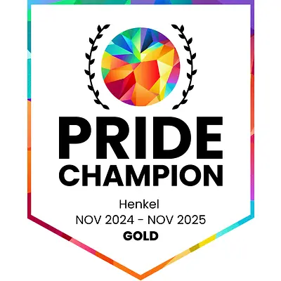 Pride Champion Gold 2023–2024 badge recognizing Henkel’s commitment to LGBTQ+ inclusion and equality at work.