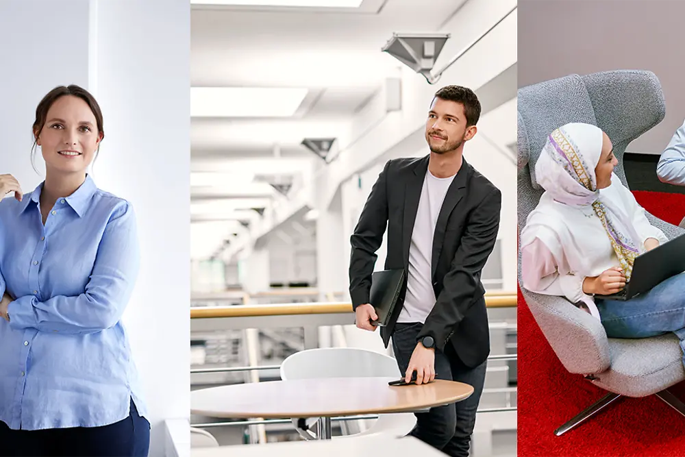 A collage of diverse people, both male and female, shown in various settings including portraits, working at desks, and collaborating in teams.