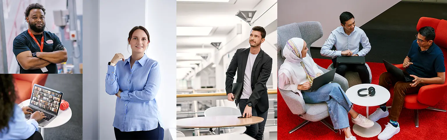 A collage of diverse people, both male and female, shown in various settings including portraits, working at desks, and collaborating in teams.