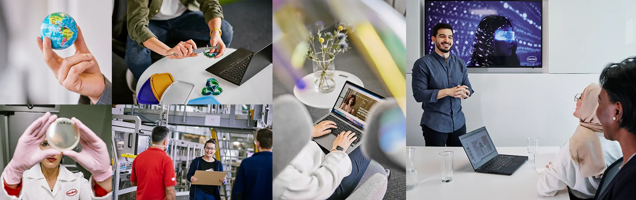 A collage of six images showing a globe, a person working in a laboratory, people working at tables, and a scene of a meeting and presentation.