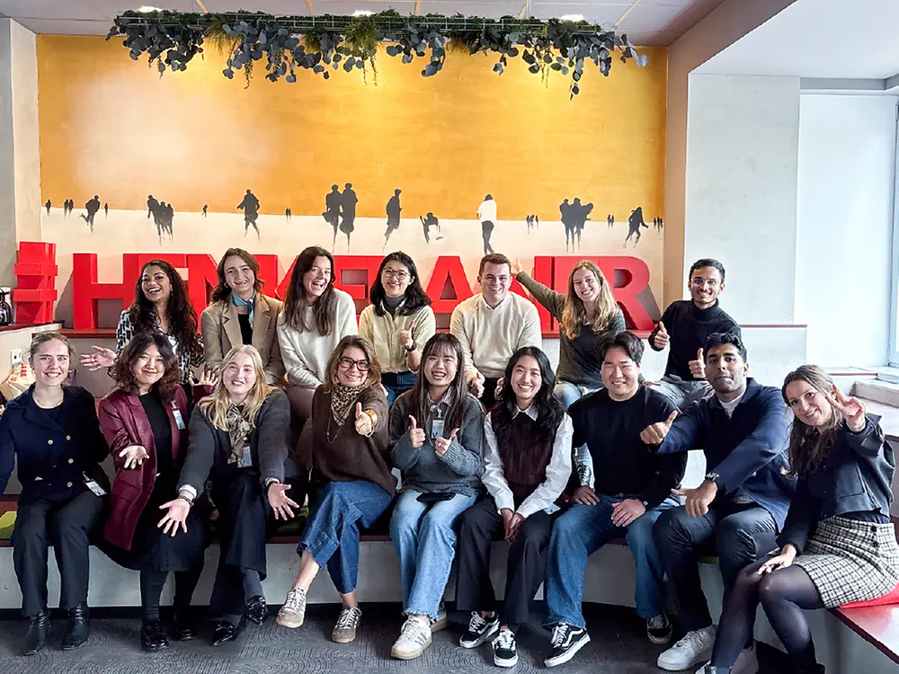 Group photo of WHU University students visiting Henkel headquarters for an interactive session. The event featured CHRO Sylvie Nicol as part of the GURUTalks series, fostering dialogue on leadership and career development.