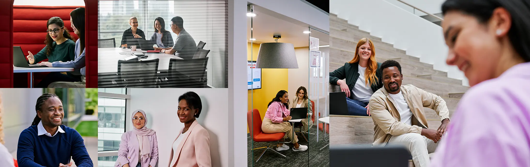 
Collage of scenes showing people engaged in different stages of an application process and interviews, including individuals working on laptops, discussing with others in office settings, and presenting information during a conversation.
