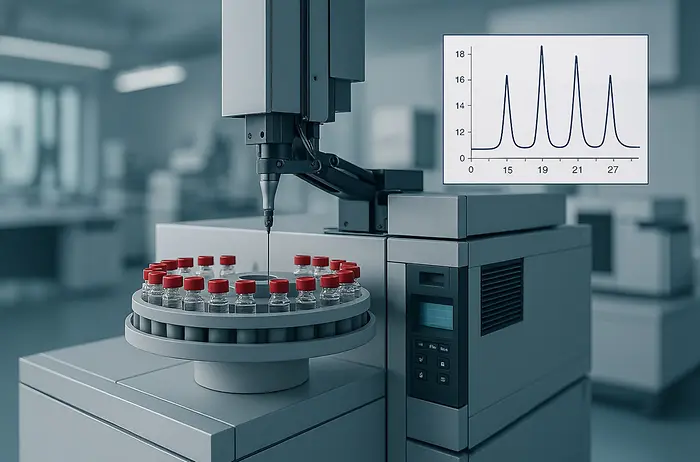 Gas chromatograph with autosampler and a sample tray of glass vials; an overlaid chromatogram shows several distinct peaks.