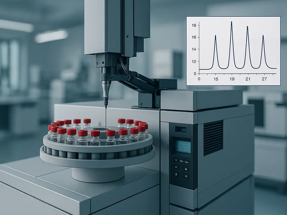 Gas chromatograph with autosampler and a sample tray of glass vials; an overlaid chromatogram shows several distinct peaks.