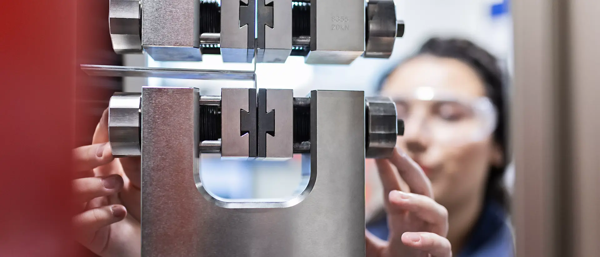 Female lab technician, mechanical testing, T-Peel, Peel test