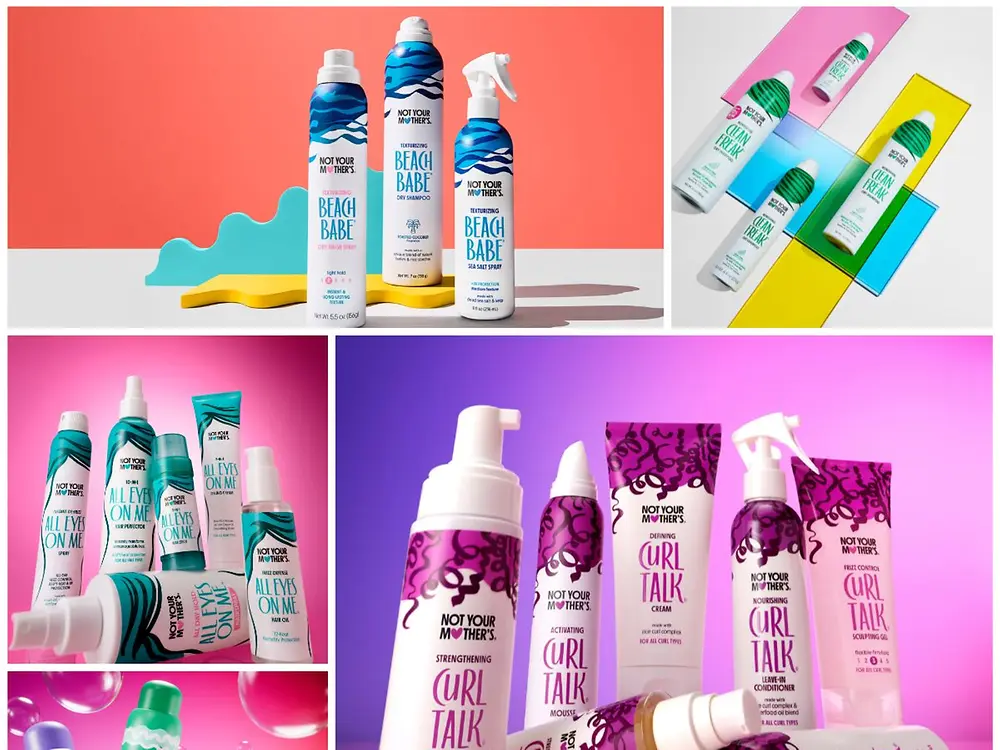 Collage of Not Your Mother’s haircare products, including Beach Babe, Clean Freak, Aura Boost+, All Eyes on Me, and Curl Talk lines, shown in colorful studio setups.