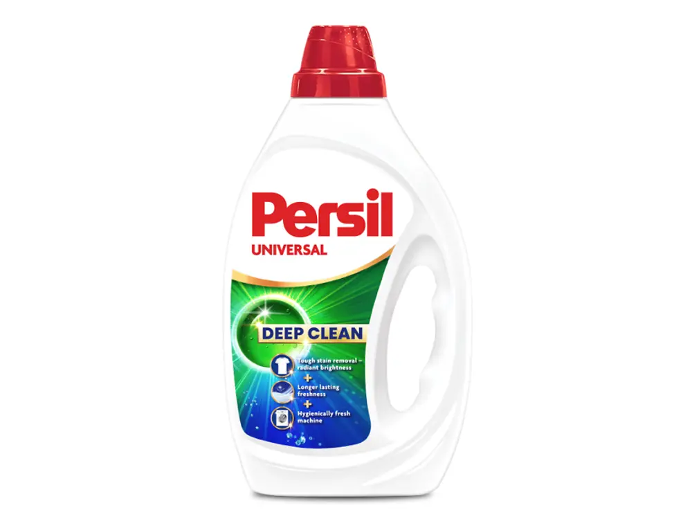 Laundry detergent bottle displaying Persil Tiefenrein gel design and high-performance cleaning icons.