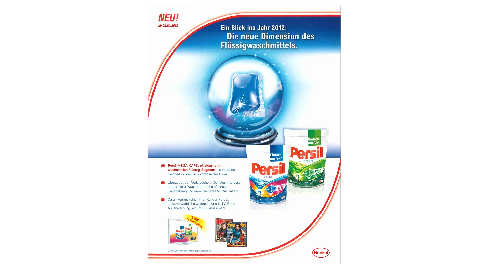 A 2012 Persil advertisement on a white background with red and blue graphic elements, presenting the introduction of the Persil Mega-Caps. 