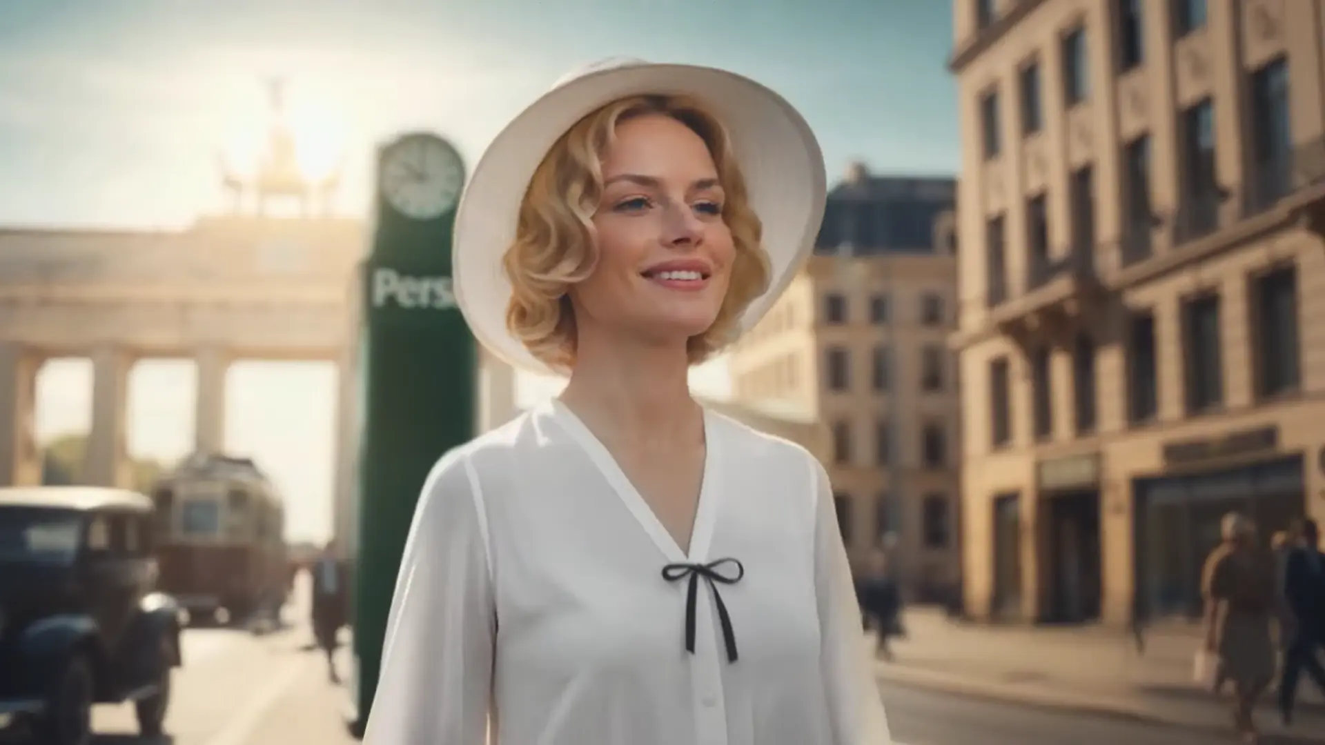 A snapshot from Persil‘s first AI-generated commercial, showing the Lady in White standing in warm daylight in front of a Persil clock and the Brandenburg Gate.