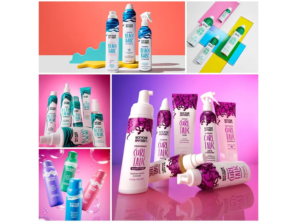 Assorted Not Your Mother’s hair care products displayed on colorful backgrounds.