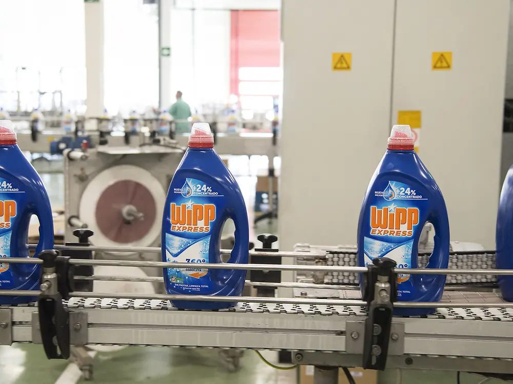 
Finished products moving along packaging line
