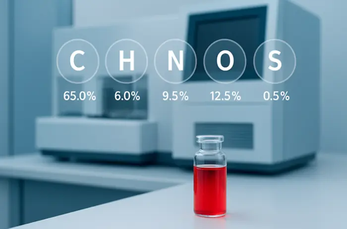 Red vial on a laboratory table.