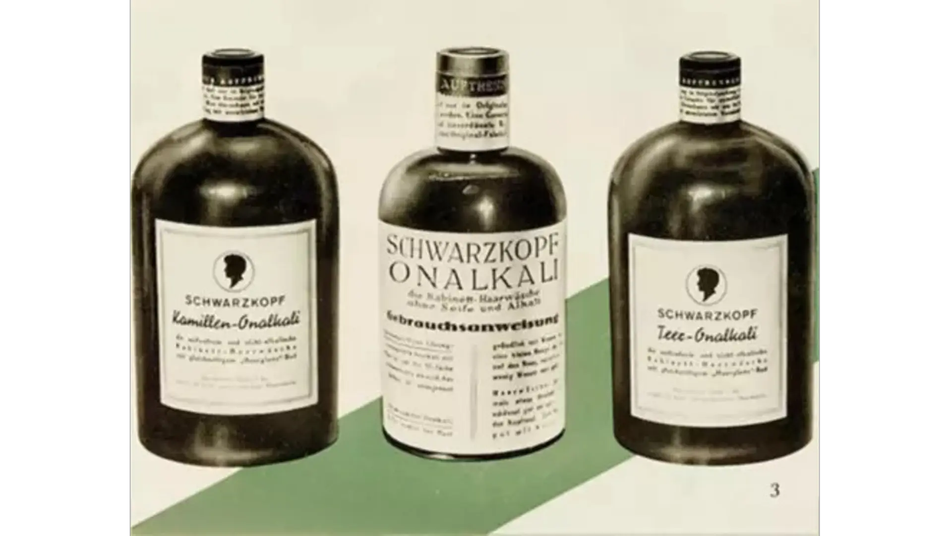 Early Schwarzkopf products, including the soap-free Onalkali shampoo.