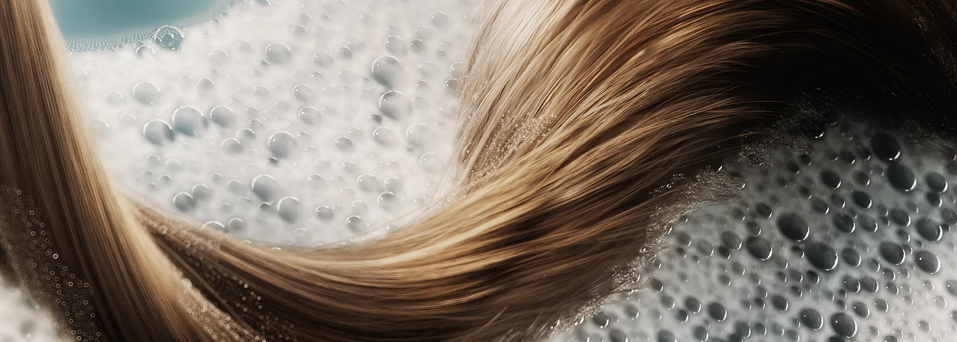 Computer-generated close-up of a strand of hair in foamy water.
