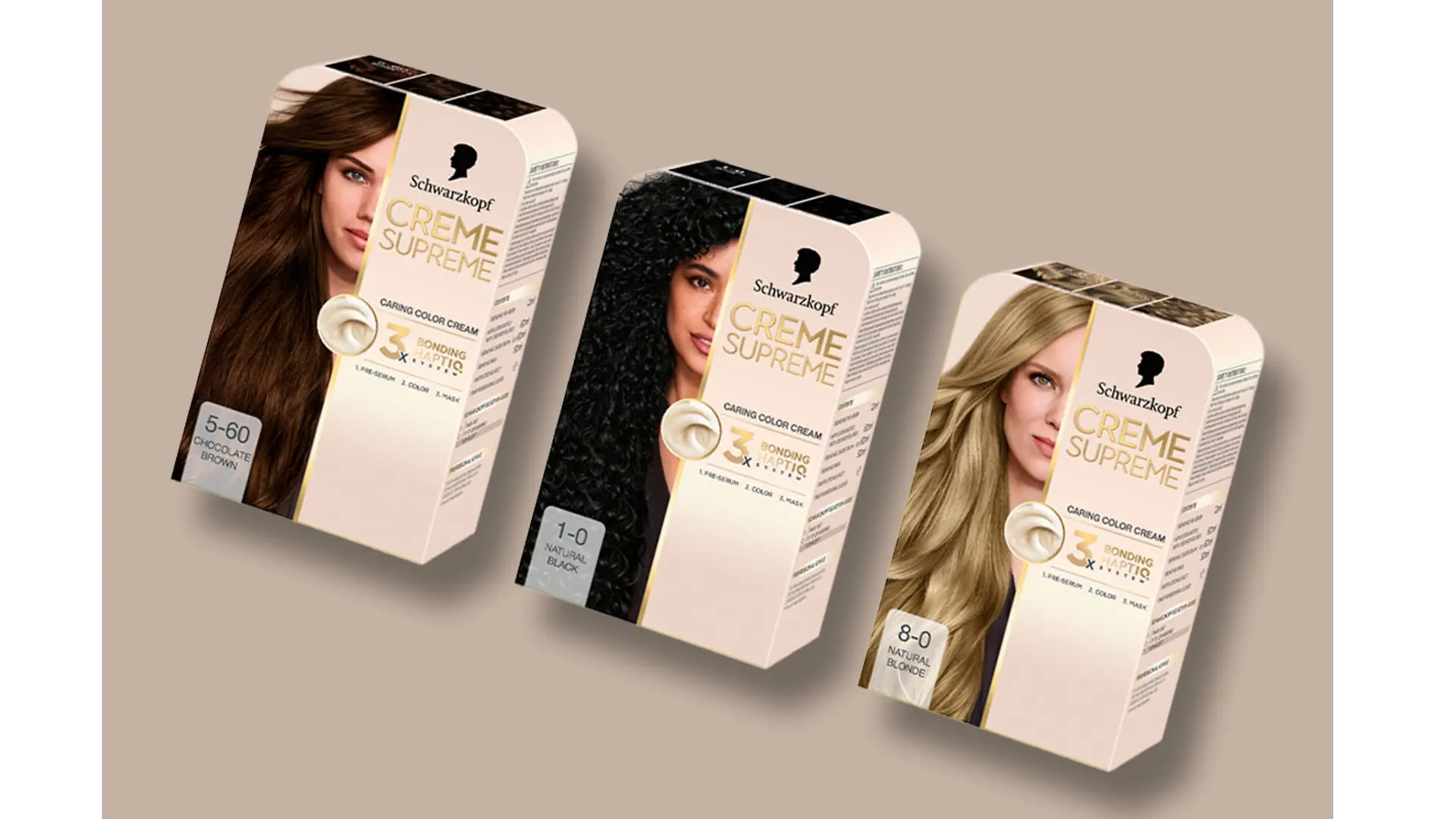 Packaging of Schwarzkopf Creme Supreme hair color products.