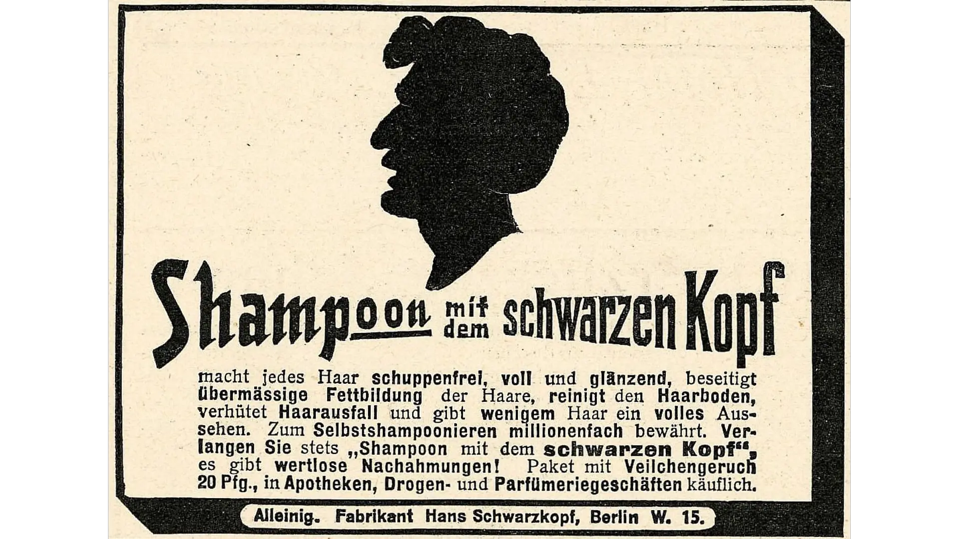 Historic advertisement for Schwarzkopf powdered shampoo featuring the “shampoo with the black head” logo.