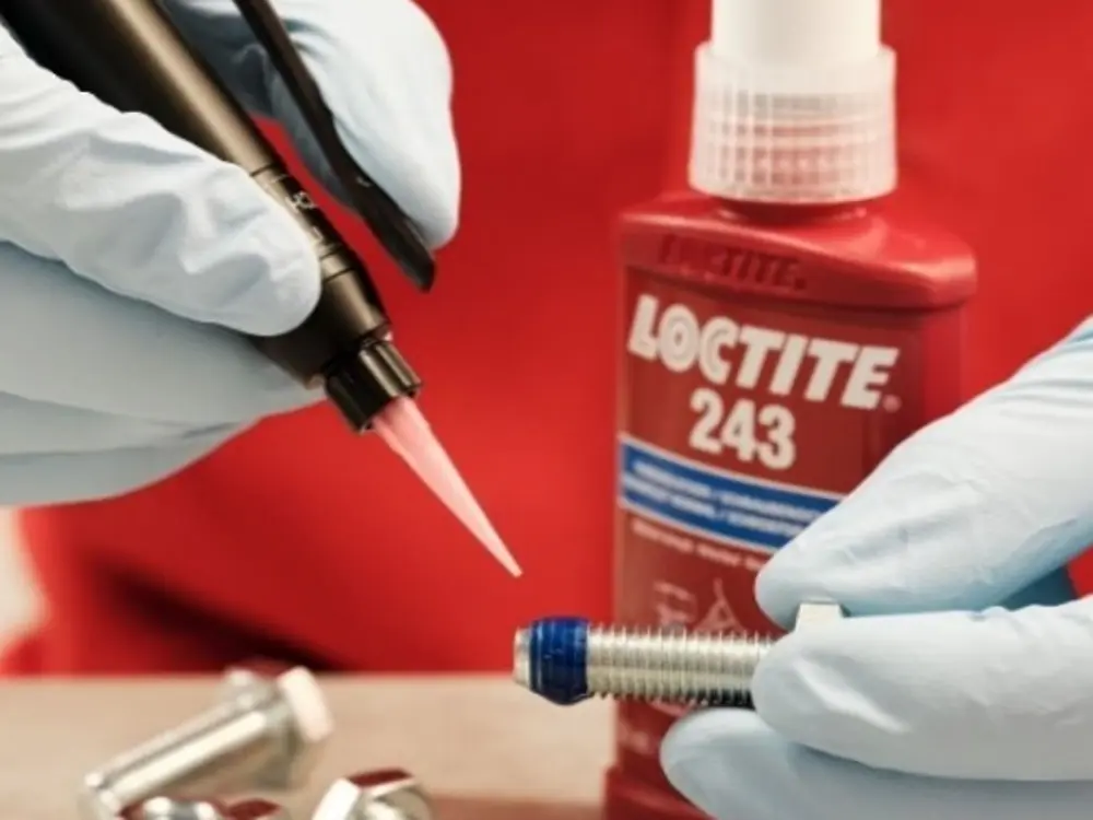 Mit Schutzhandschuhen versehene Hände tragen einen blauen Tropfen Schraubensicherung auf das Gewinde einer Metallschraube auf. Im Hintergrund steht eine Flasche LOCTITE 243, während weitere Schrauben und Muttern auf einer Arbeitsfläche liegen.