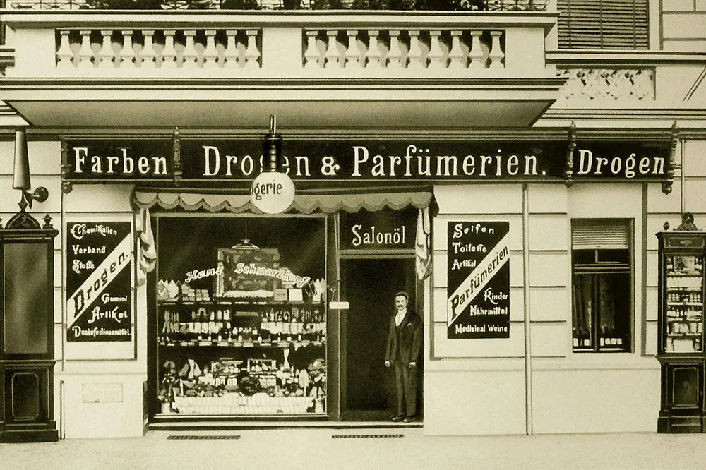 A historic image of the drugstore in Berlin founded by Hans Schwarzkopf.