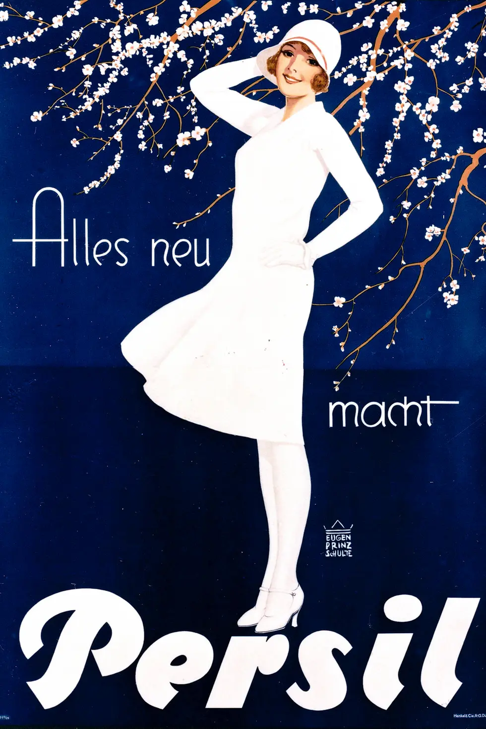 A vintage advertising poster featuring the Persil character the The Lady in White beneath cherry blossoms.