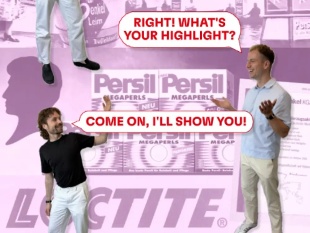 Anniversary graphic celebrating Henkel’s 150th anniversary, featuring historic Persil imagery and two people shown in a conversational scene. 