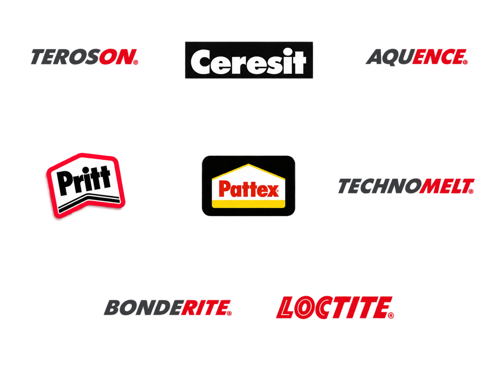 Logos of the Henkel brands Teroson, Ceresit, Aquence, Pritt, Pattex, Technomelt, Bonderite, and Loctite.