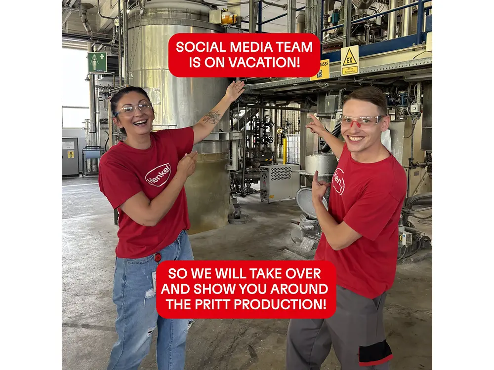 Two employees in a production facility introduce a behind-the-scenes tour of Pritt manufacturing.