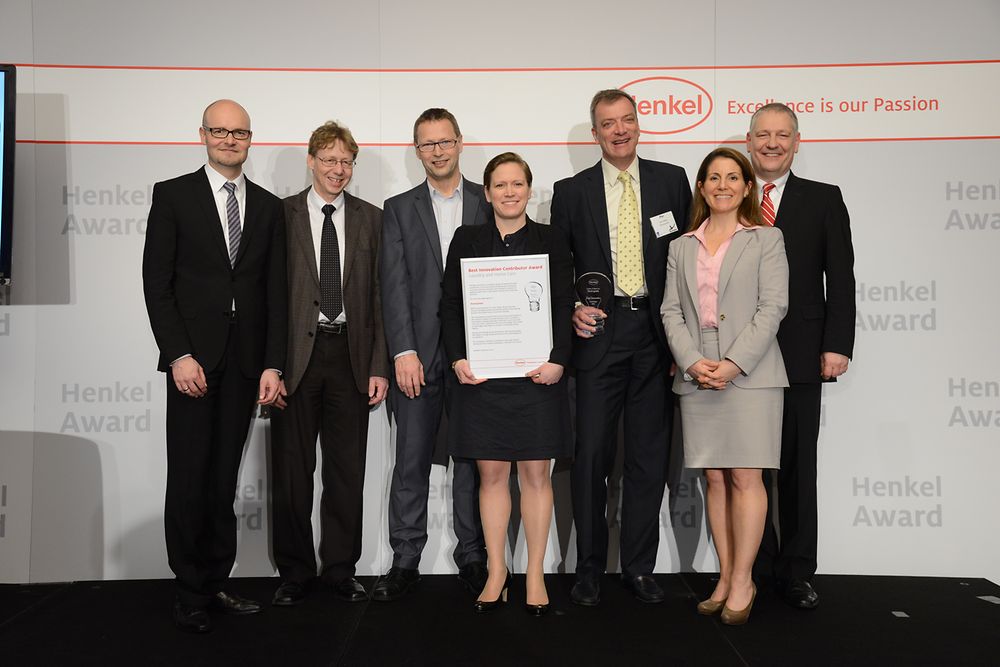 

Novozymes recognized for “Best Innovation Contributor Laundry and Home Care 2012”. From left to right: Arndt Scheidgen, Henrik Meyer, Erik Gormsen, Pernille Lind Olsen, Per Falholt, Cynthia Bryant, Thomas Müller-Kirschbaum