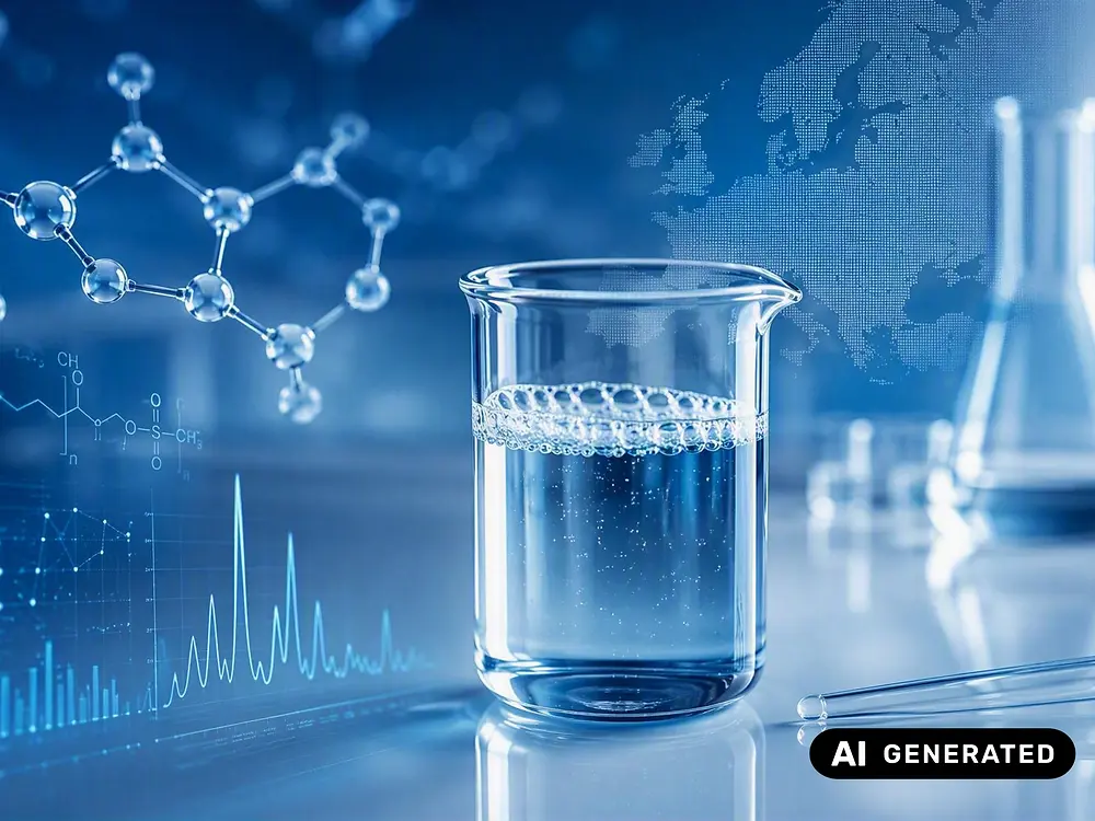 
There is a beaker full of a liquid in the foreground, a stylized representation of a molecule and a map of Europe are shown in the background.