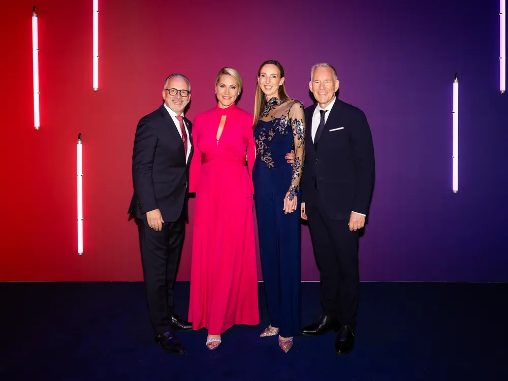 
Hosts Judith Rakers and Johannes B. Kerner together with Dr. Simone Bagel-Trah, Chairwoman of Henkel’s Supervisory Board and Shareholders’ Committee, and Carsten Knobel, Chief Executive Officer of Henkel, at the anniversary gala celebrating the company’s 150th anniversary.