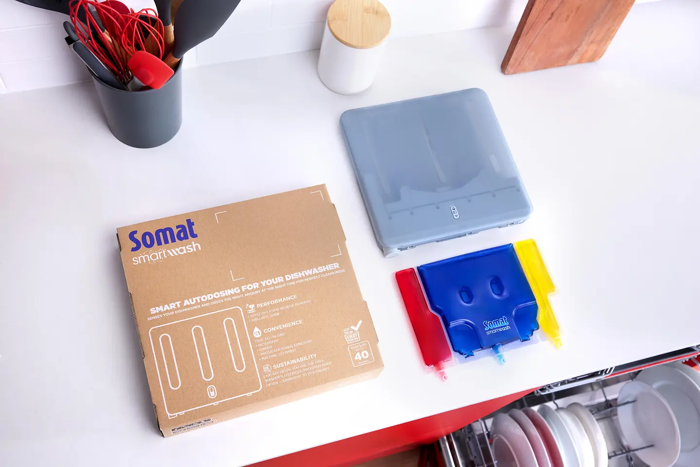
Somat Smartwash combines detergent, rinse aid, salt and machine care in one connected system.