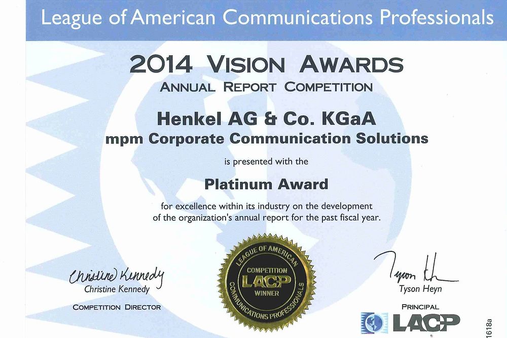 

The Platinum Award certificate rewards Henkel’s excellence within its industry in the development of its annual report.