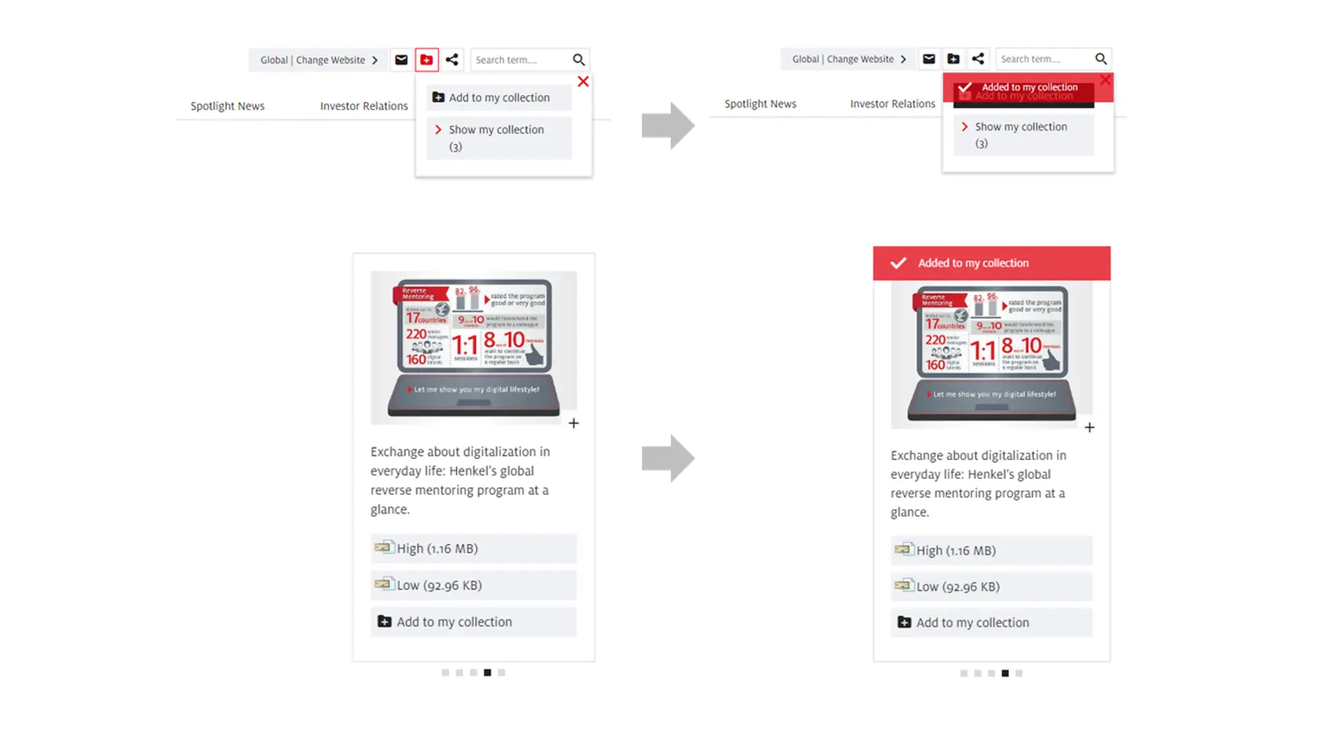
マイコレクションにページやコンテンツが追加されると、「マイコレクションに追加しました」とメッセージが表示されます。