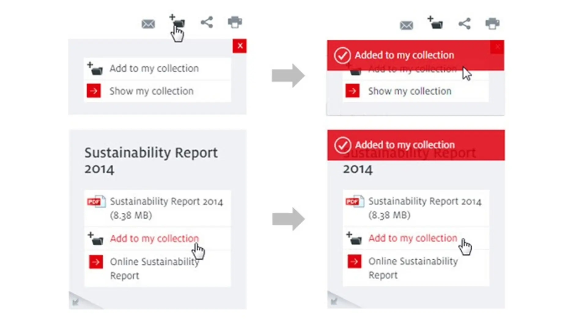 After adding pages or single elements to your collection you will be notified when the element has been added successfully.