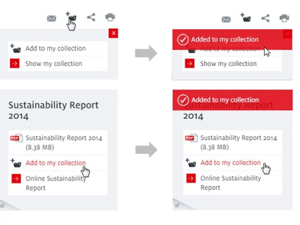 After adding pages or single elements to your collection you will be notified when the element has been added successfully.
