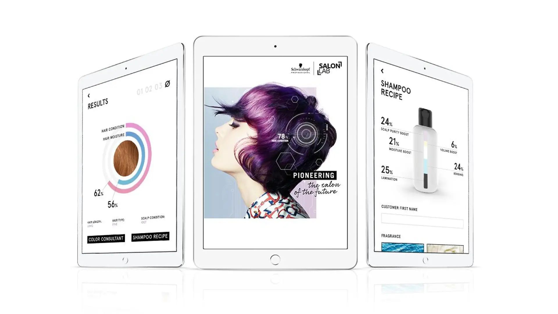 
The SalonLab Consultant App supports the hairdresser throughout the analysis, displaying the client's individual hair diagnostic results and enabling a personal color consultation with state-of-the-art augmented reality technology.