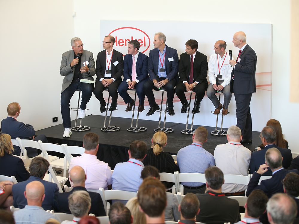 From left to right: Joe DiSimone of Carbon; Kersten Heuser of Siemens; Government Minister Damien English; Stephen Nigro of HP; Jerry Perkins of Henkel; Chay Allen of Renishaw; and host Ged McGurk of Henkel