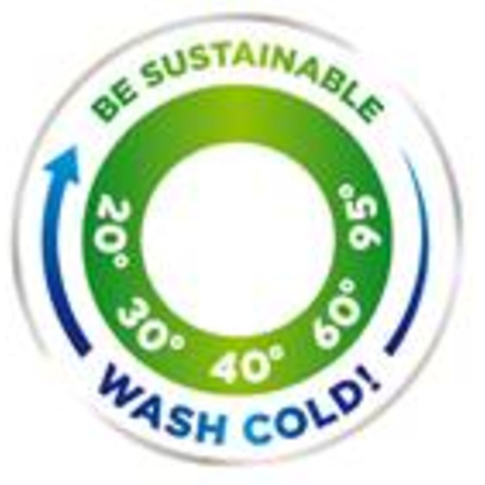 зелений логотип універсального прального порошку «Be sustainable. Wash cold» («Будь екологічно відповідальним. Пери в холодній воді»)