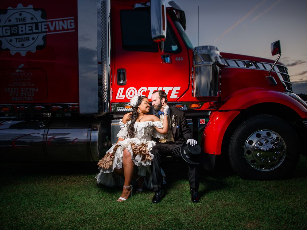 Rick Stowers and Ashley Conner with the Loctite “Seeing Is Believing” trailer at the wedding ceremony