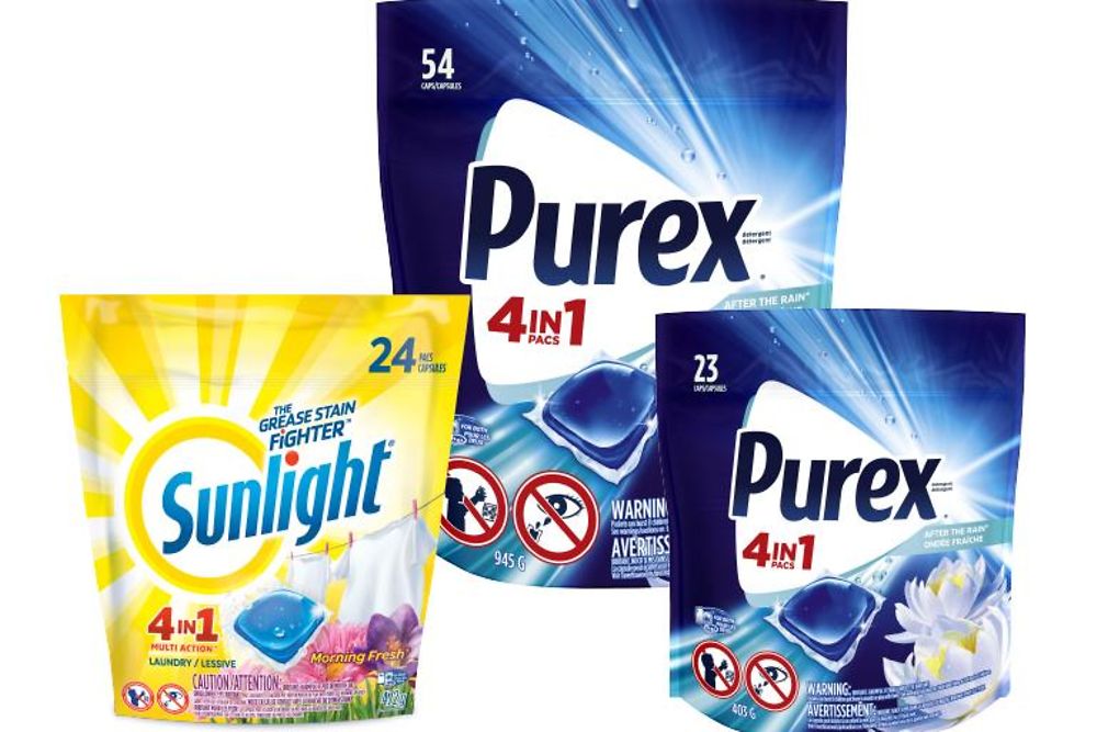 Sunlight and Purex plastic detergent pouches