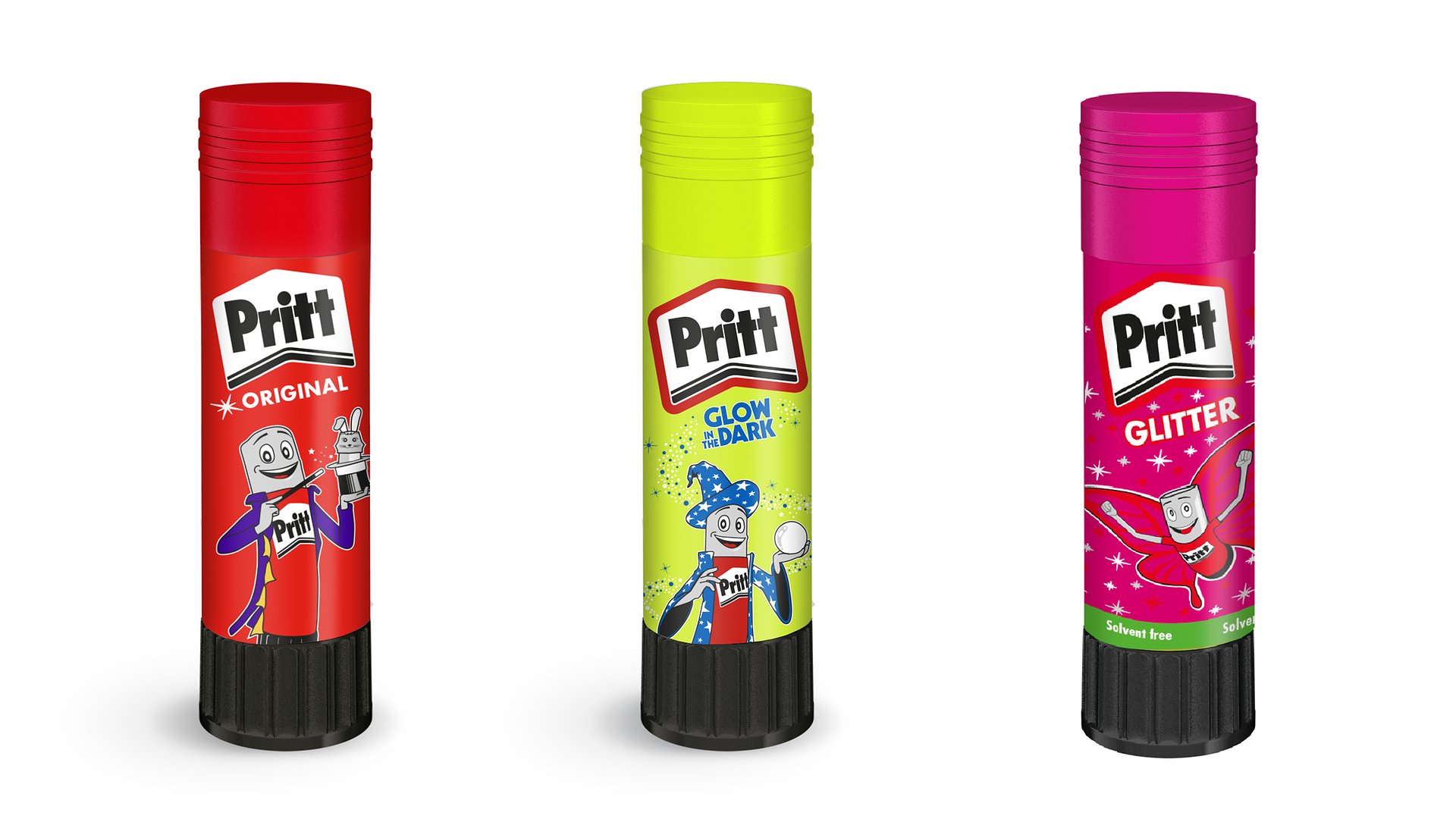 Mr. Pritt as magician, the Pritt “Glow in the Dark” glue stick, and the Pritt glitter glue stick for children.